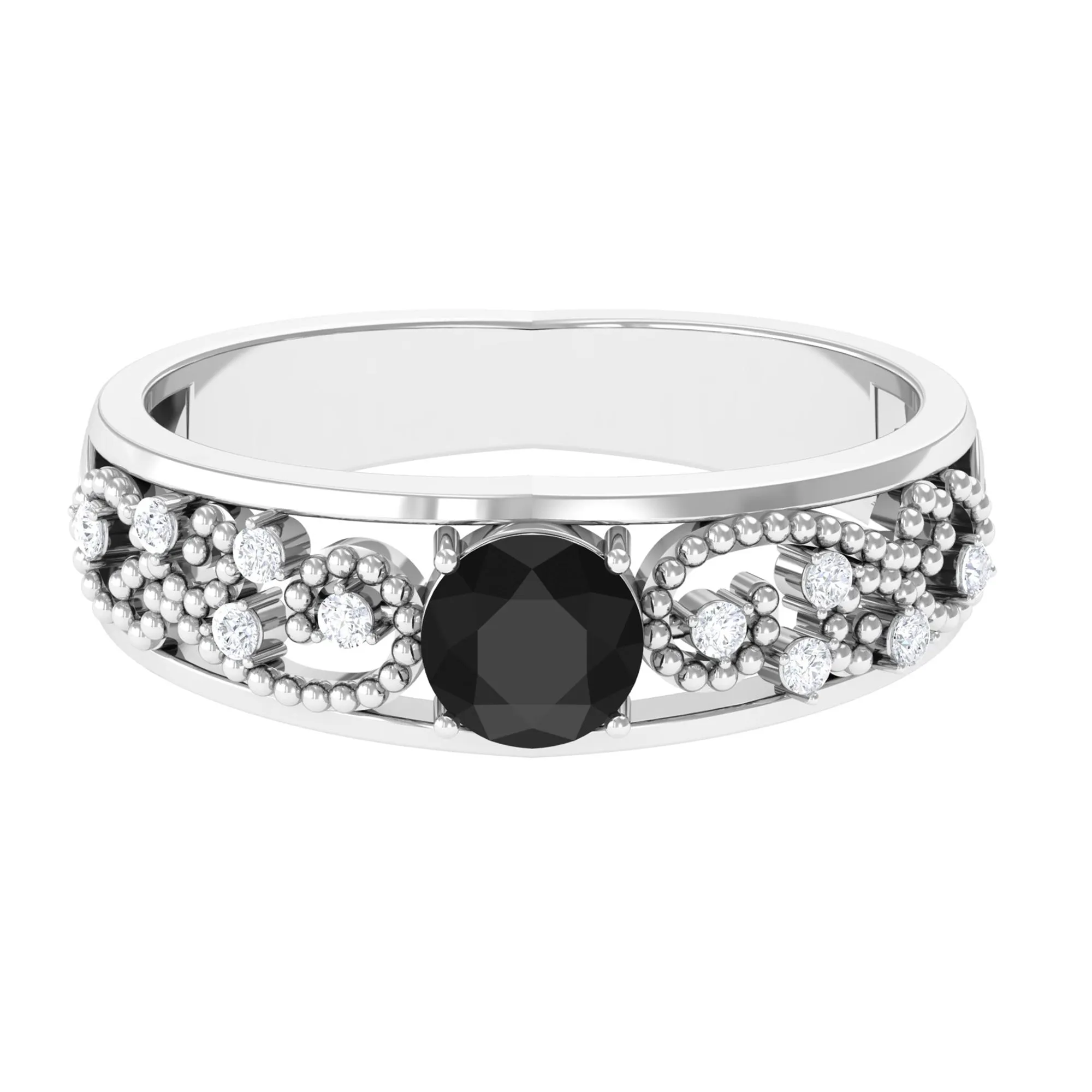 1 CT Beaded Created Black Diamond Solitaire Band Ring with Diamond Accent