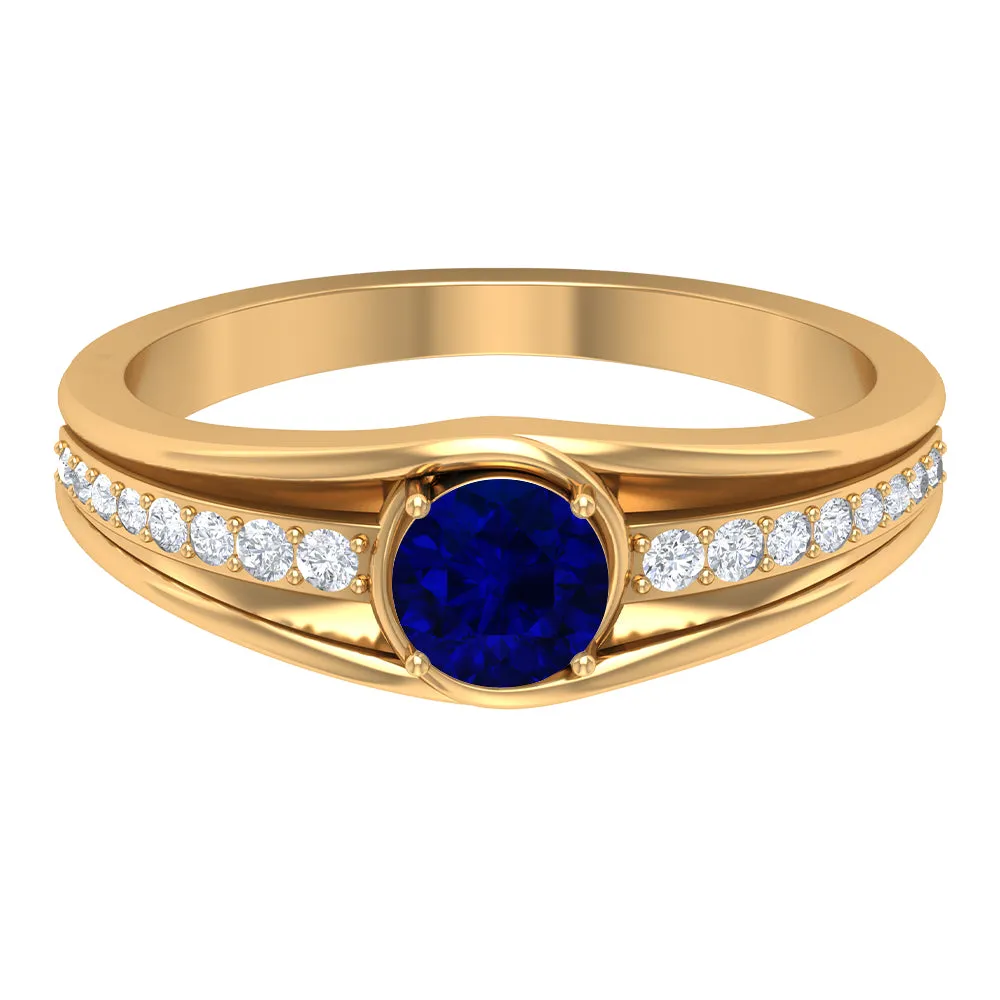 1 CT Created Blue Sapphire and Diamond Classic Engagement Ring