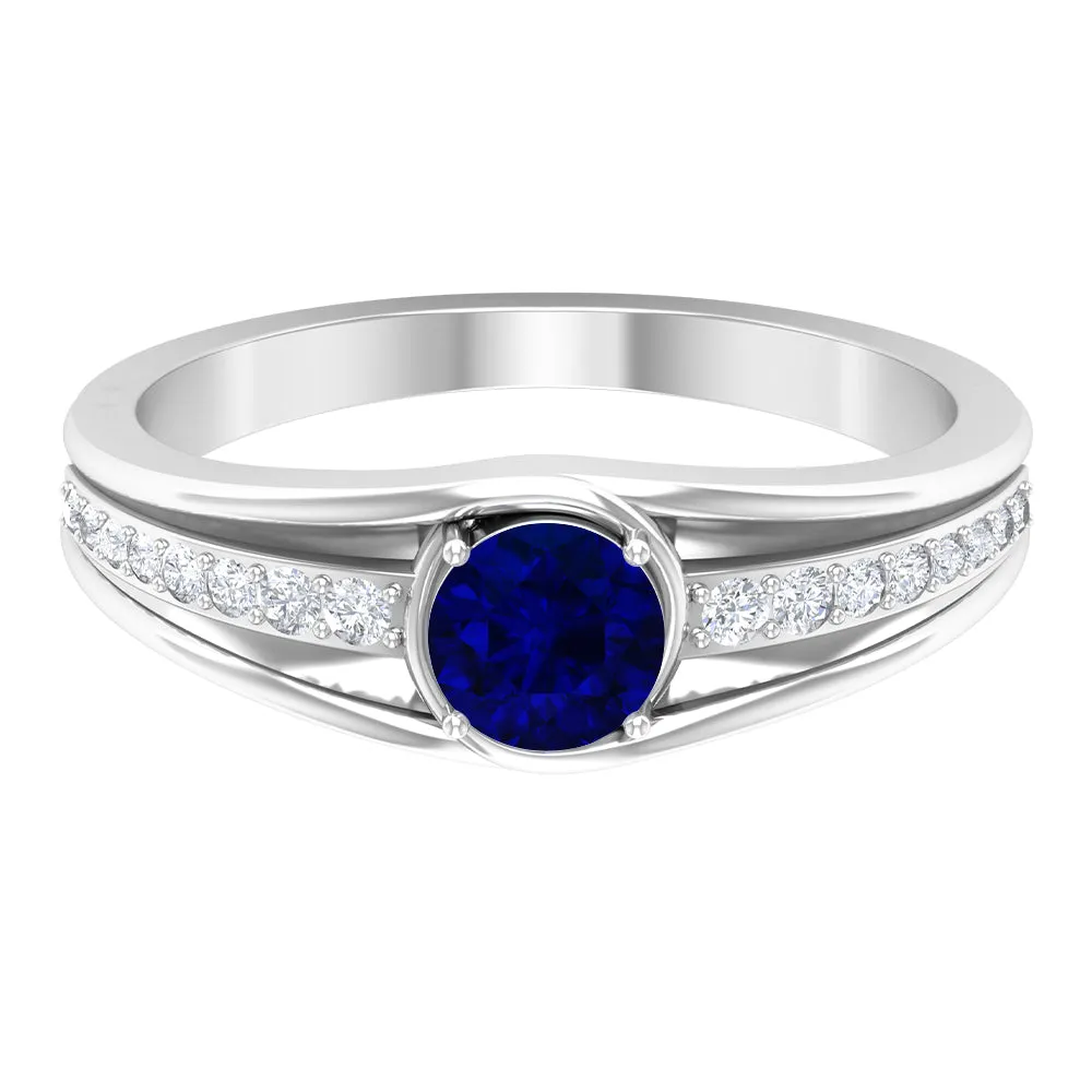 1 CT Created Blue Sapphire and Diamond Classic Engagement Ring