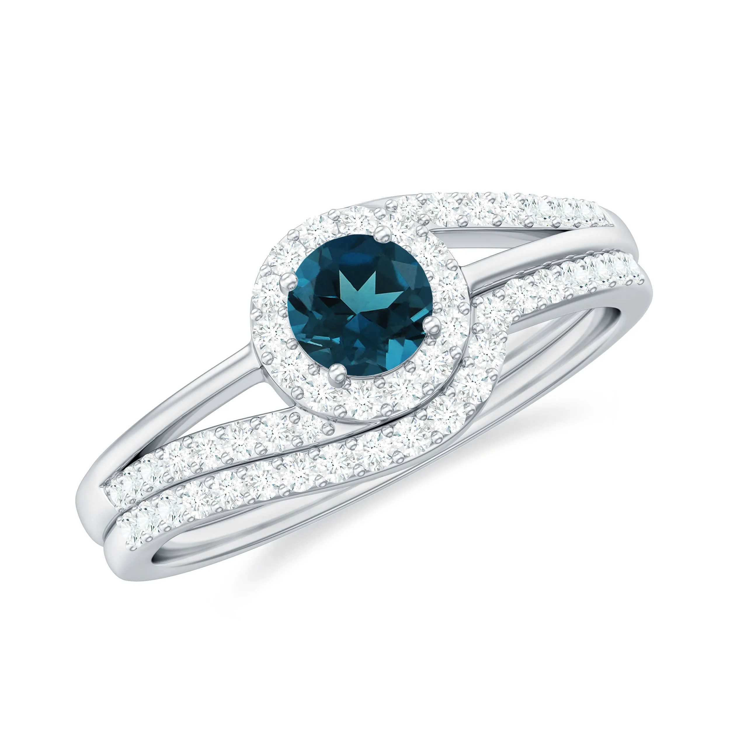 1 CT Minimal London Blue Topaz Engagement Ring Set with Diamond Enhancer