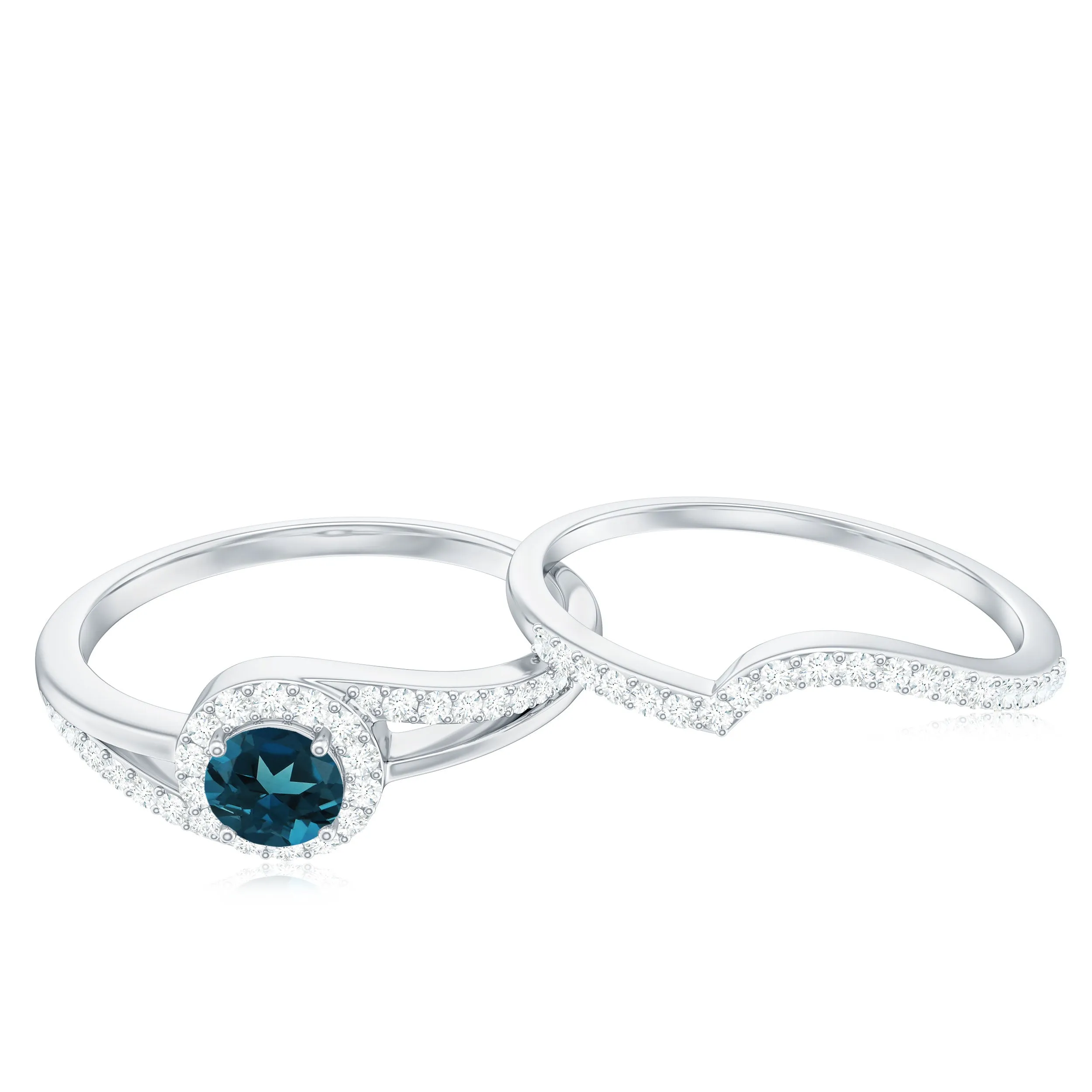 1 CT Minimal London Blue Topaz Engagement Ring Set with Diamond Enhancer