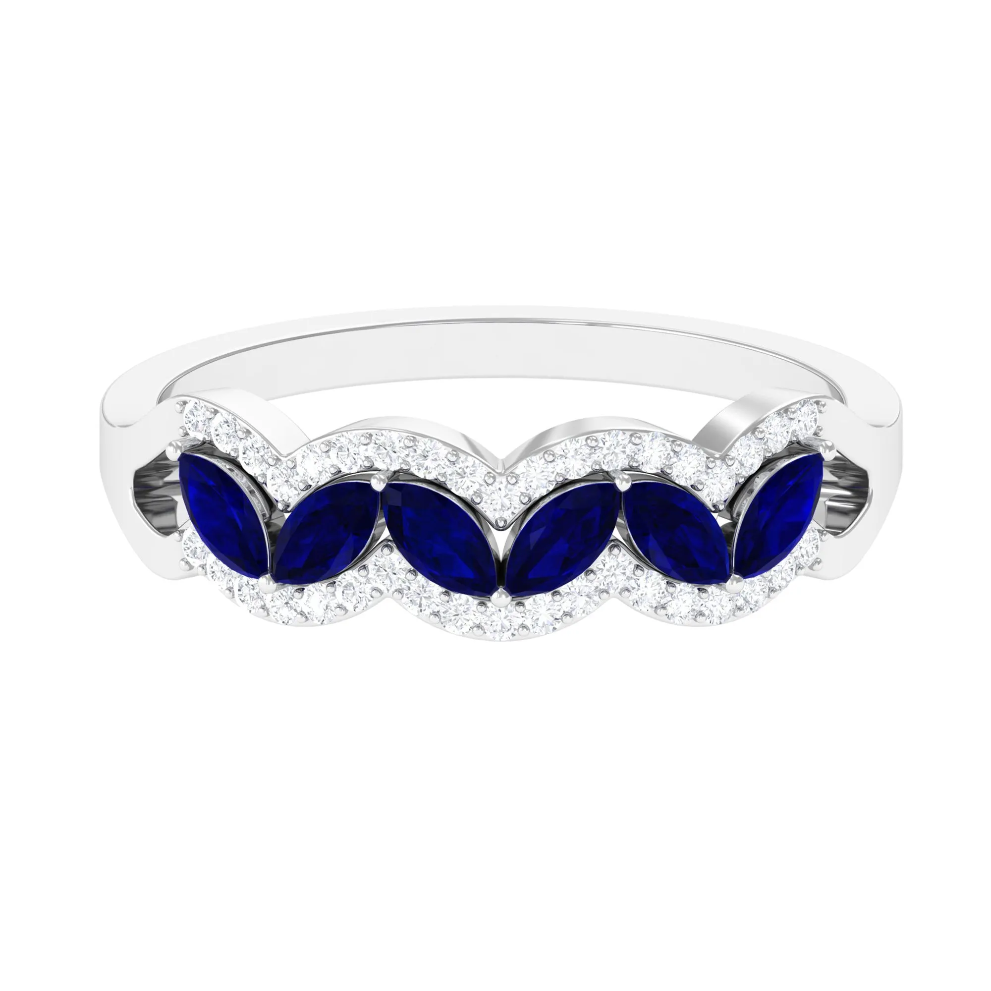 1 CT Minimal Marquise Cut Blue Sapphire Anniversary Ring with Diamond Accent