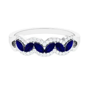 1 CT Minimal Marquise Cut Blue Sapphire Anniversary Ring with Diamond Accent