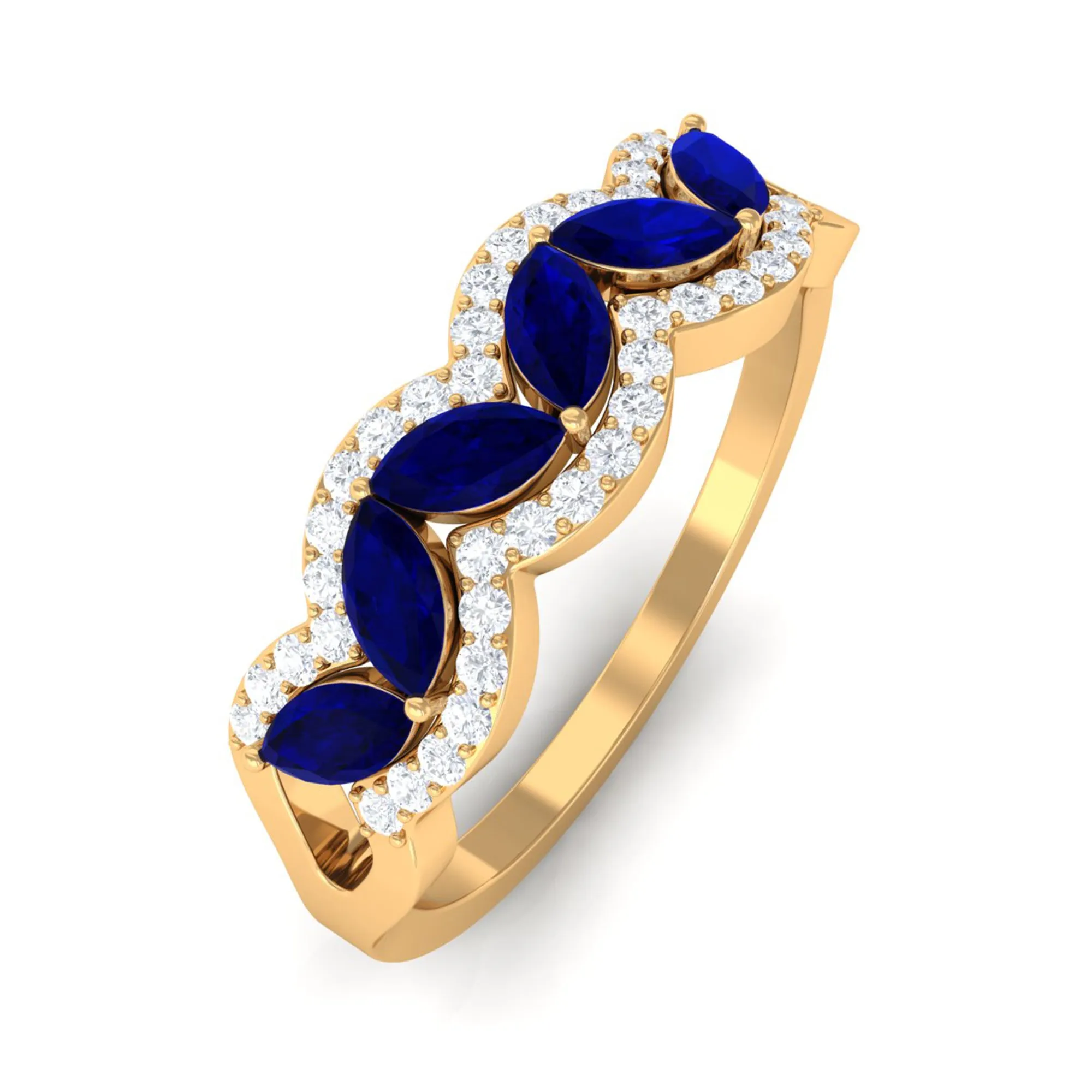 1 CT Minimal Marquise Cut Blue Sapphire Anniversary Ring with Diamond Accent