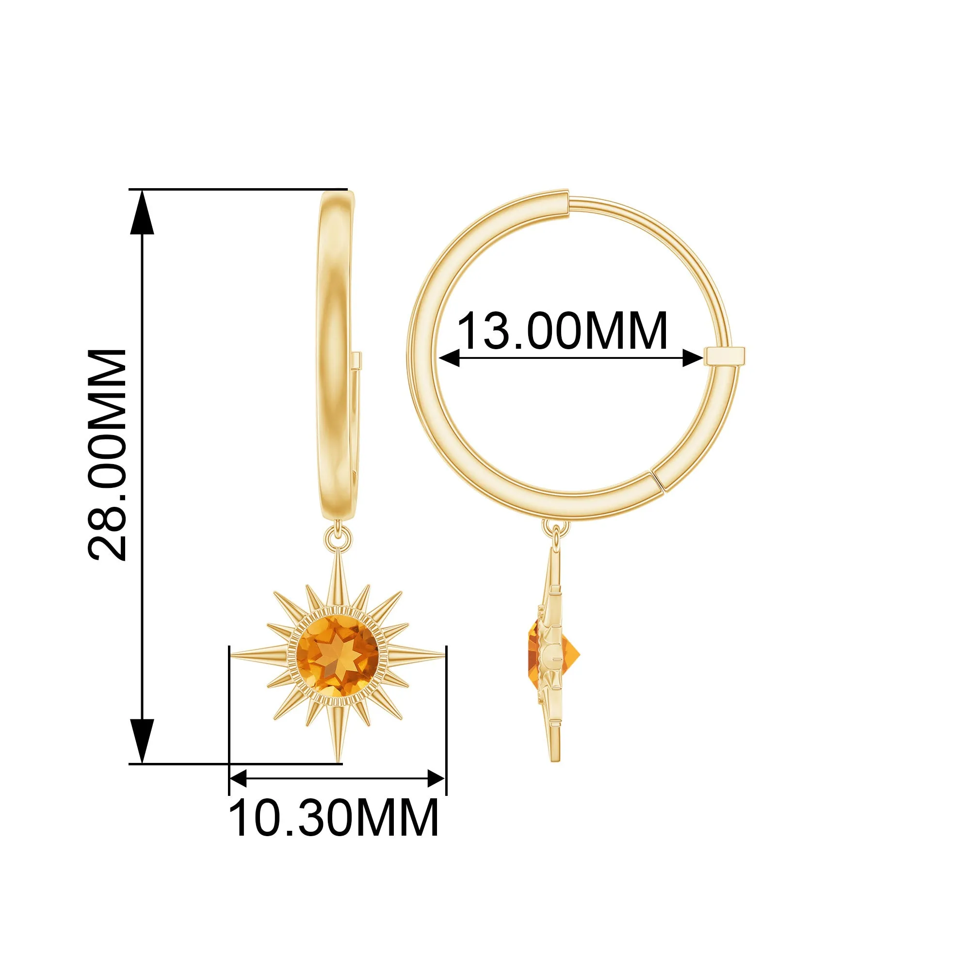 1 CT Round Shape Citrine and Gold Sunburst Hoop Drop Earrings