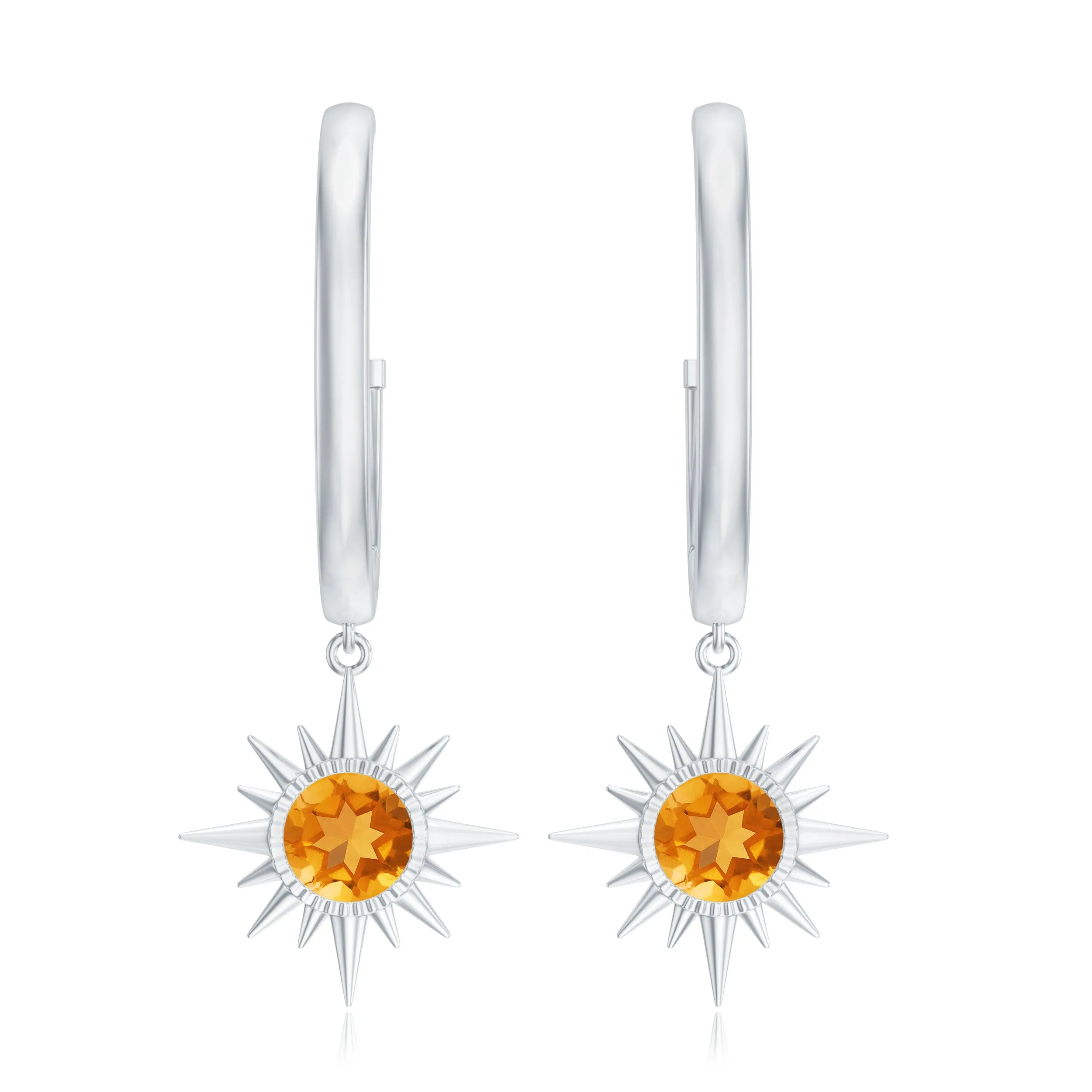 1 CT Round Shape Citrine and Gold Sunburst Hoop Drop Earrings