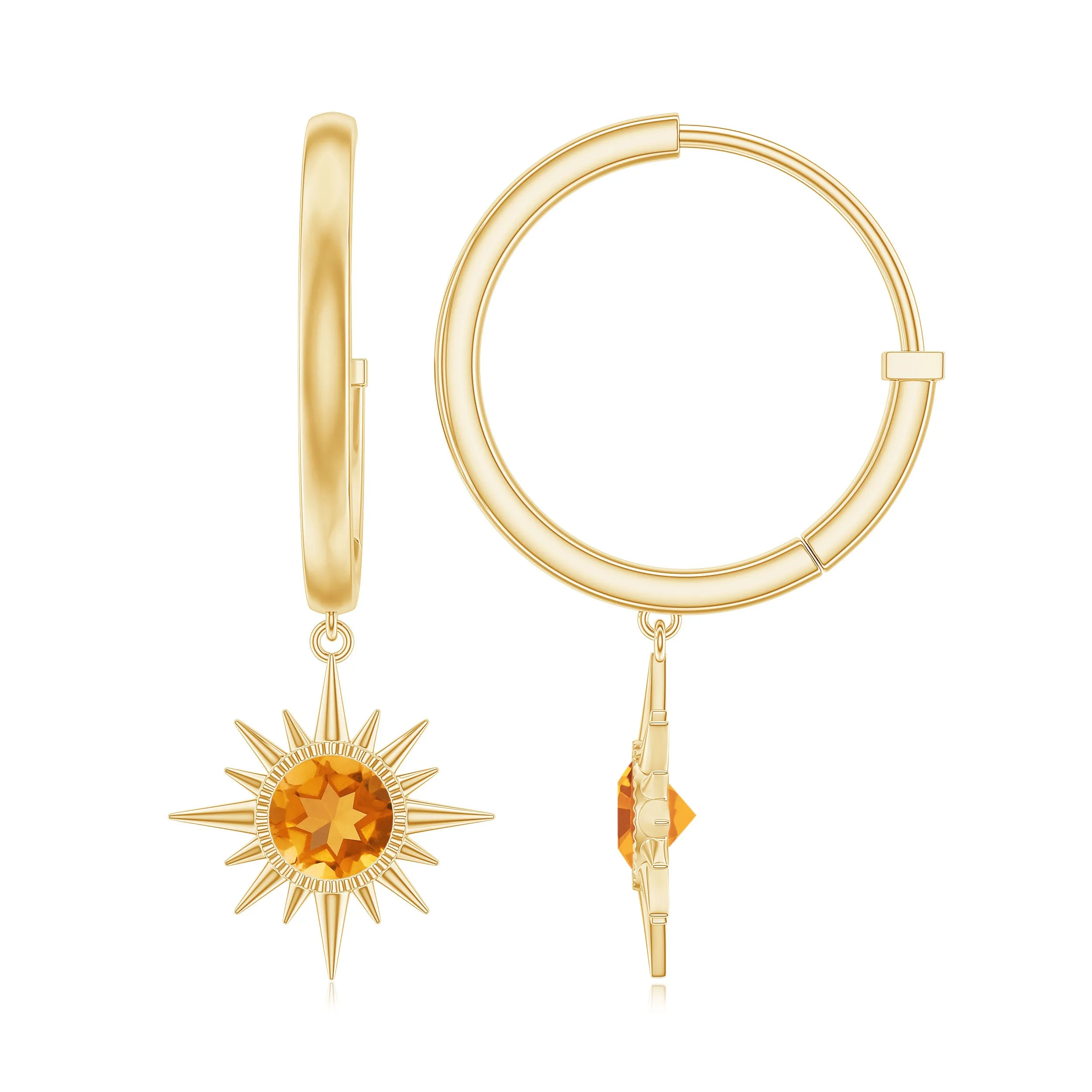 1 CT Round Shape Citrine and Gold Sunburst Hoop Drop Earrings