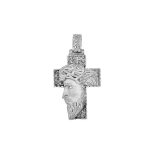 10K White Gold Jesus Head Diamond Cross Pendant 0.70 CT 1.93"