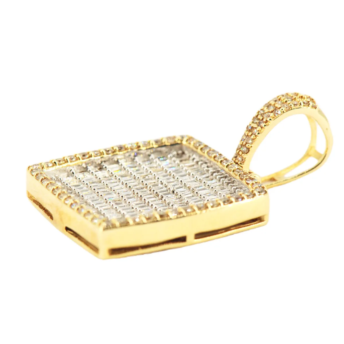 10k Yellow Gold 1.75CTW Round and Baguette Diamond Square Pendant