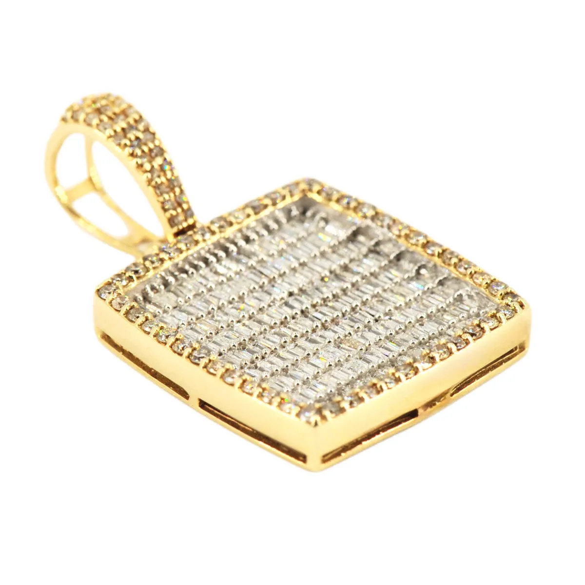 10k Yellow Gold 1.75CTW Round and Baguette Diamond Square Pendant