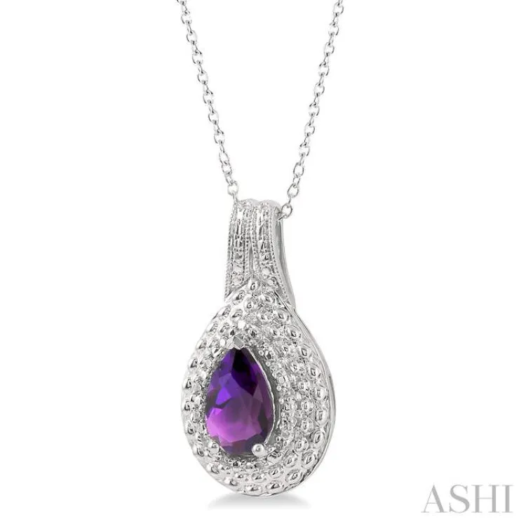 1/20 ctw Round Cut Diamond & 9x6MM Pear Cut Amethyst Semi Precious Pendant With Chain in Silver