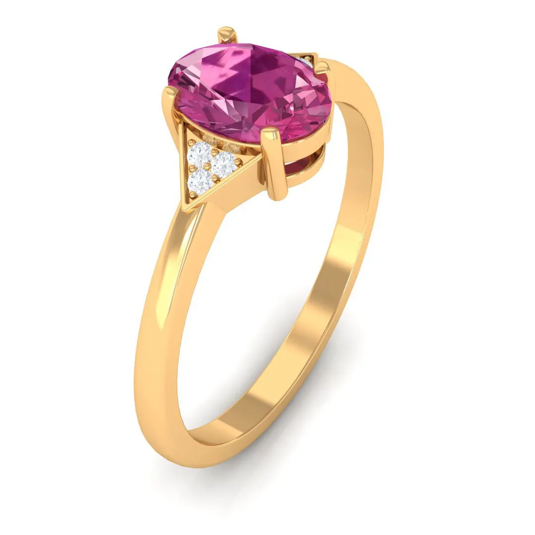 1.25 CT Oval Pink Tourmaline Solitaire Ring with Diamond Accent