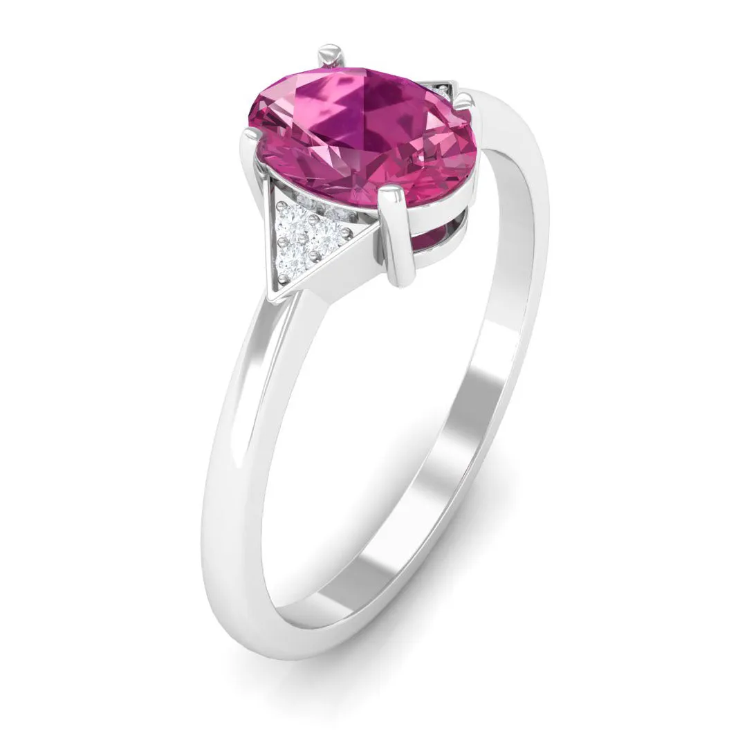 1.25 CT Oval Pink Tourmaline Solitaire Ring with Diamond Accent