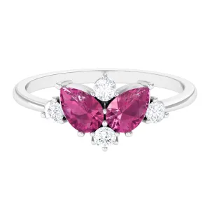 1.25 CT Pear Cut Pink Tourmaline and Round Diamond Cluster Ring in Prong Setting