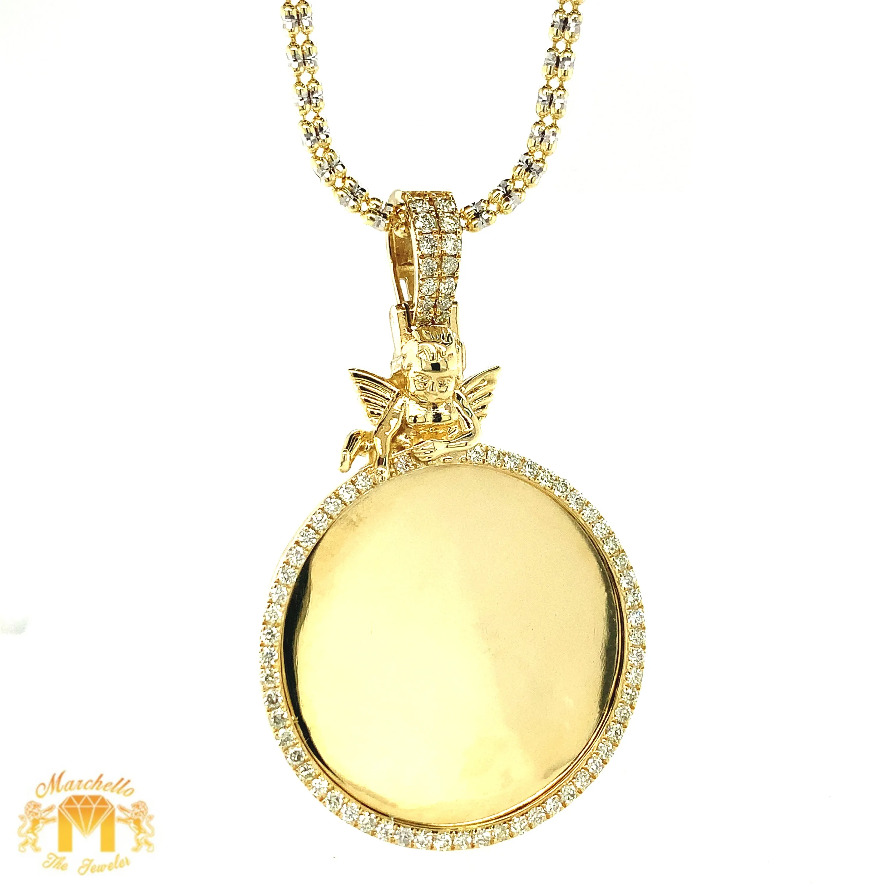 14k Gold Round Memory Picture Diamond Pendant with Angel, Gold 2mm Ice Chain