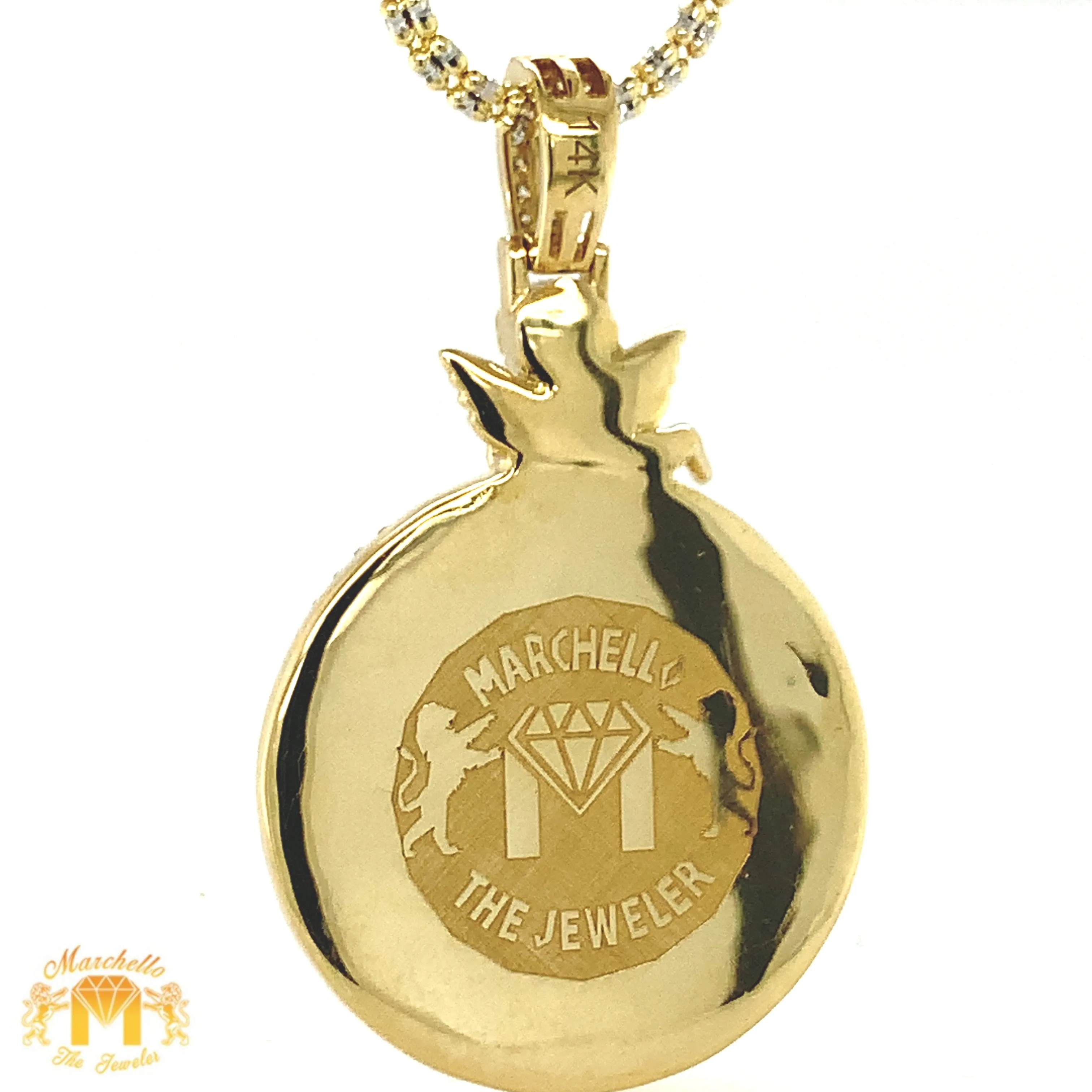 14k Gold Round Memory Picture Diamond Pendant with Angel, Gold 2mm Ice Chain