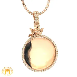 14k Gold Round Memory Picture Diamond Pendant with Angel, Gold 2mm Ice Chain