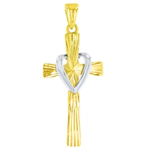 14K Gold Textured Cross with Heart Charm Pendant with High Polish - Two-Tone Gold