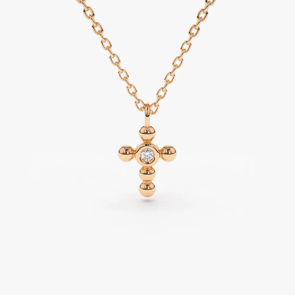 14K Gold Tiny Ball Diamond Cross Necklace