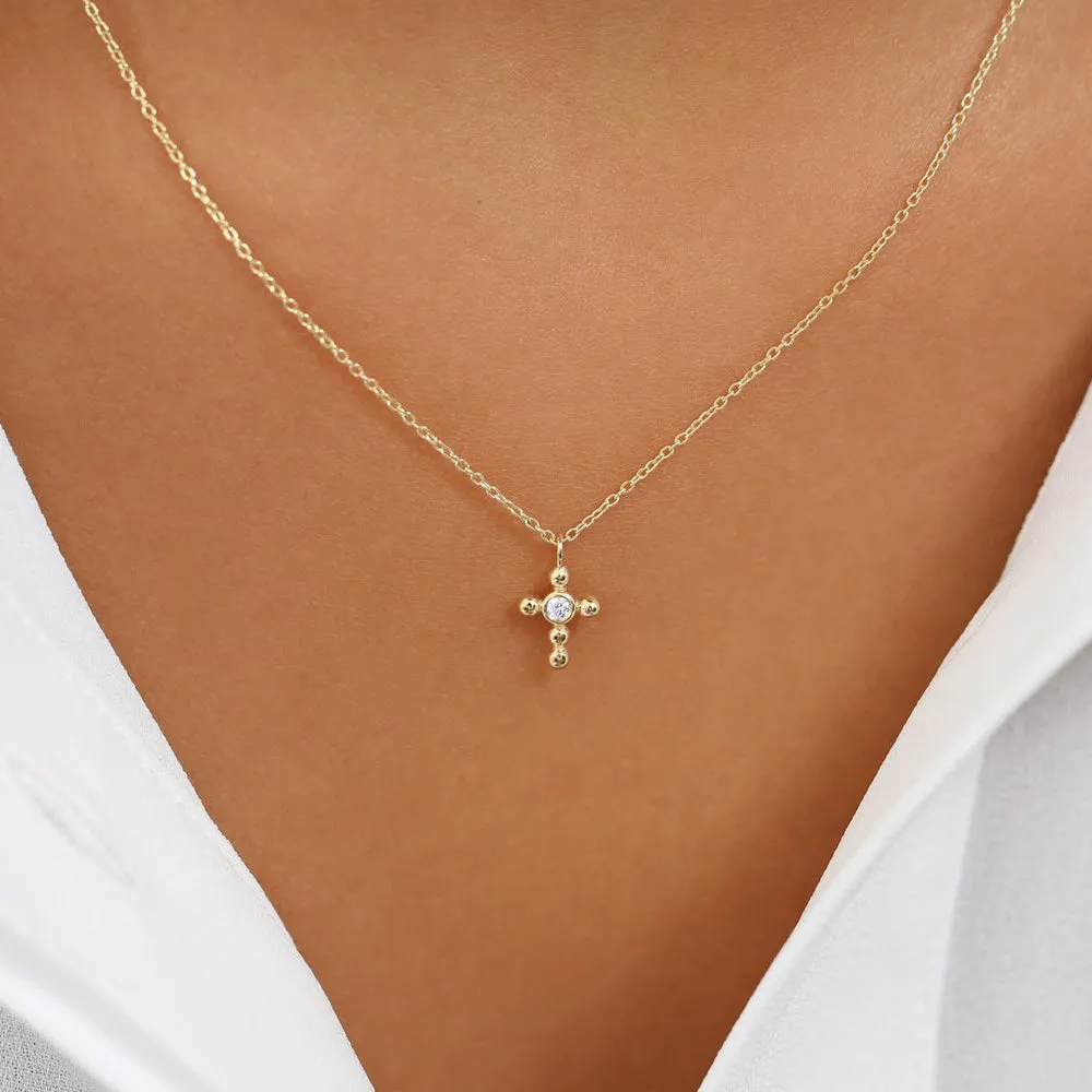 14K Gold Tiny Ball Diamond Cross Necklace