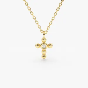 14K Gold Tiny Ball Diamond Cross Necklace