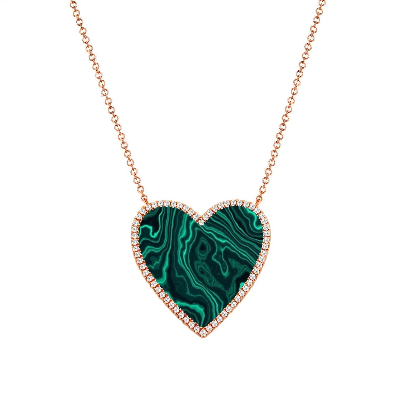 14K Rose Gold Diamond   Malacite Large Heart Necklace