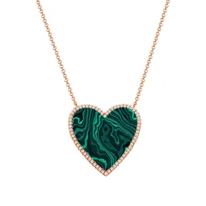 14K Rose Gold Diamond   Malacite Large Heart Necklace