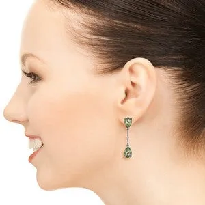 14K Solid White Gold Diamonds & Green Amethysts Dangling Earrings