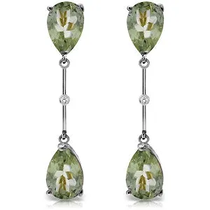 14K Solid White Gold Diamonds & Green Amethysts Dangling Earrings