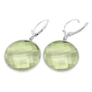 14K Solid White Gold Leverback Earrings Round Green Amethyst Gemstone