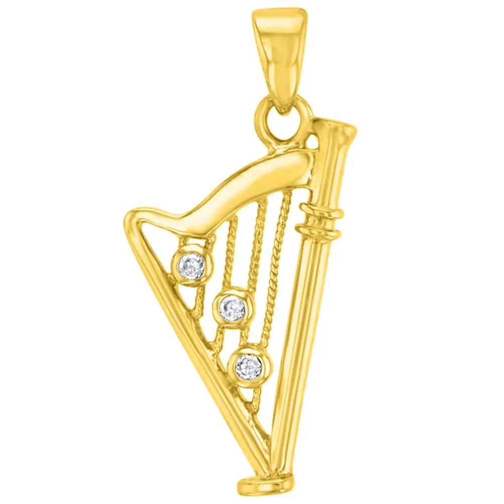 14K Solid Yellow Gold CZ Harp Charm Musical Instrument Pendant with Figaro Chain Necklace