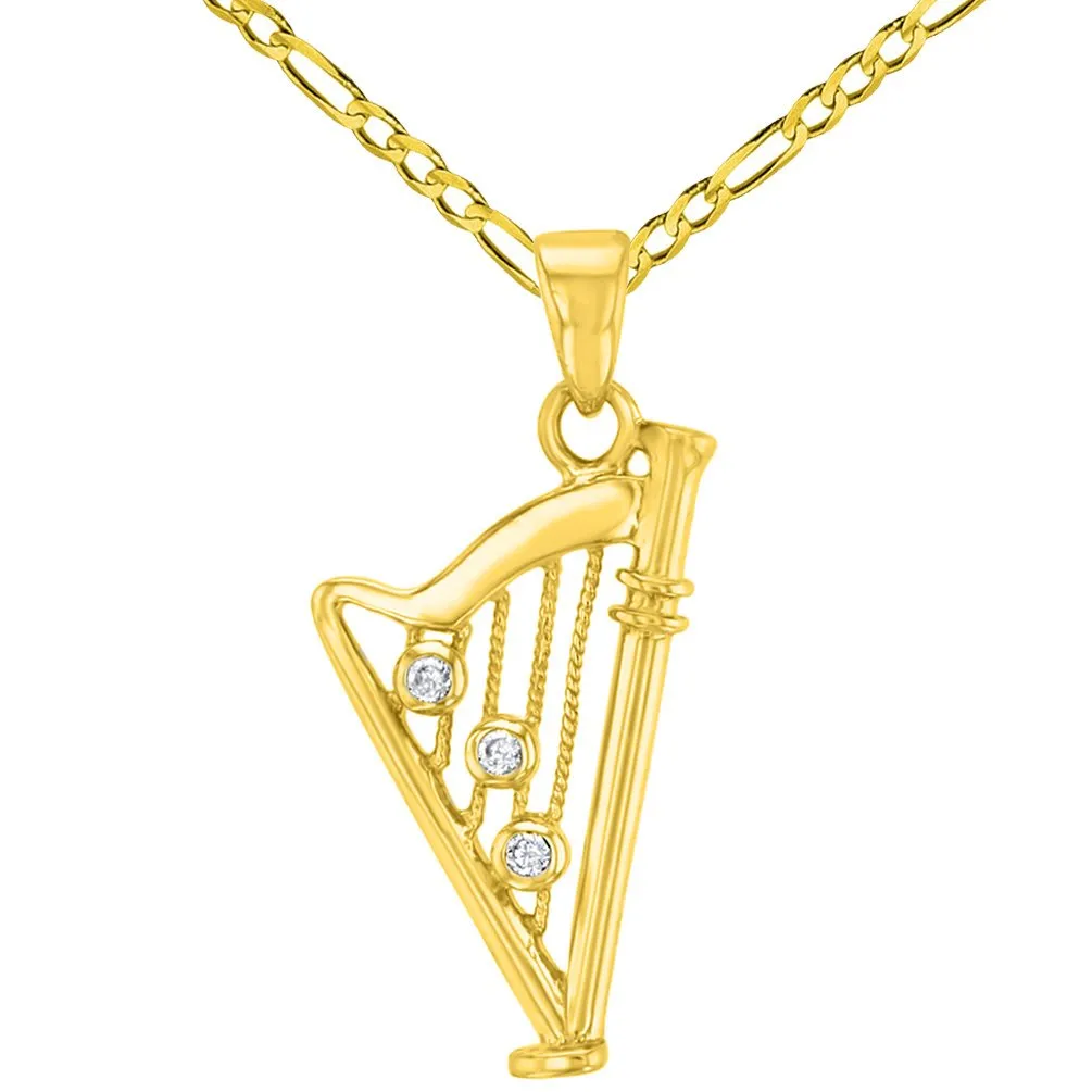 14K Solid Yellow Gold CZ Harp Charm Musical Instrument Pendant with Figaro Chain Necklace