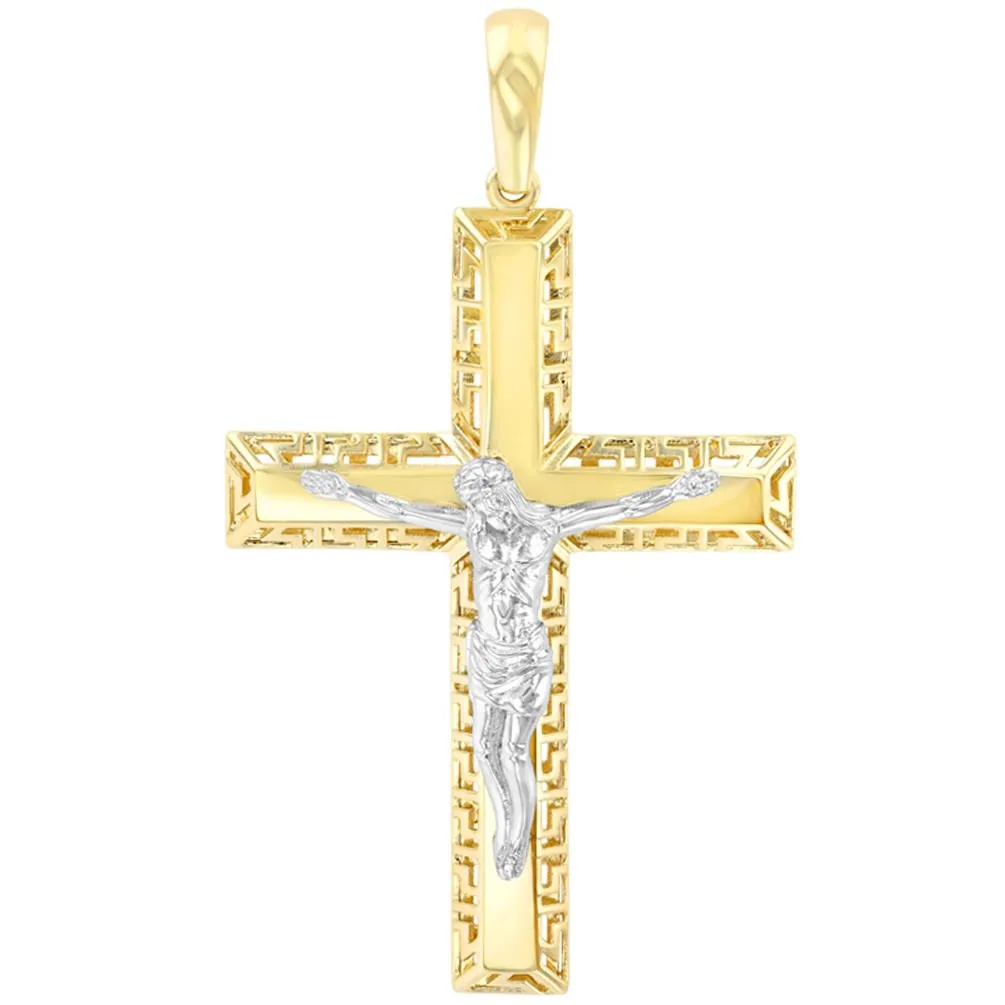 14K Two-Tone Gold Large Cross Greek Key Pattern Crucifix Pendant