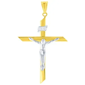 14K Two-Tone Gold Passion Cross with Jesus Christ Crucifix Pendant