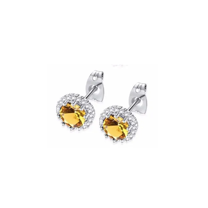 14k White Gold Plated 1 Ct Created Halo Round Citrine Stud Earrings