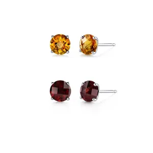 14k White Gold Plated 1/2Ct Created Citrine and Garnet 2 Pair Round Stud Earrings