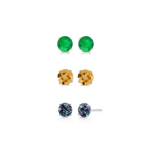 14k White Gold Plated 1Ct Created Emerald, Citrine and Alexandrite 3 Pair Round Stud Earrings