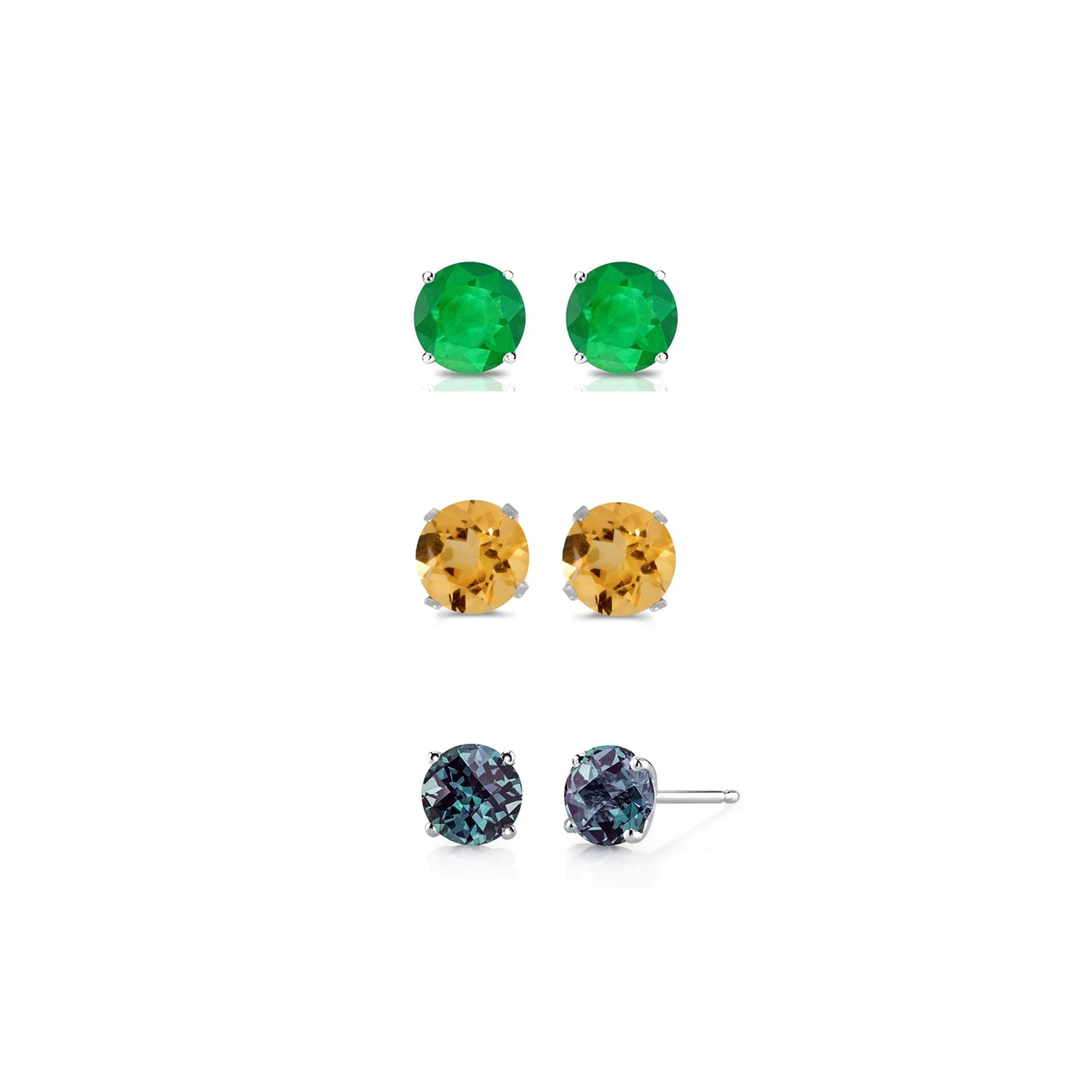 14k White Gold Plated 1Ct Created Emerald, Citrine and Alexandrite 3 Pair Round Stud Earrings