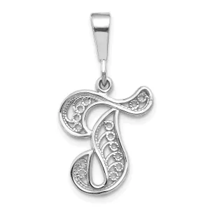 14K White GoldFancy Filigree Script Design Letter T Initial Pendant