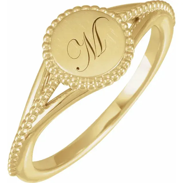 14K Yellow Gold Engravable Beaded Signet Ring