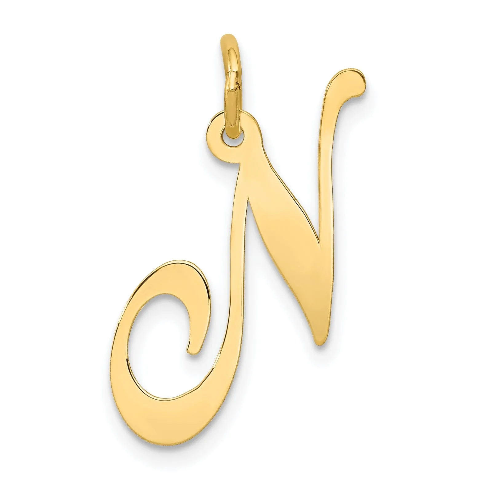 14K Yellow Gold Large Size Fancy Script Letter N Initial Charm Pendant