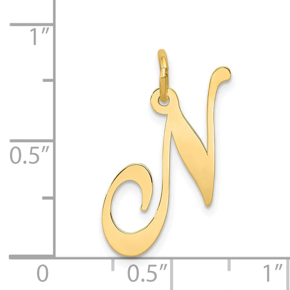 14K Yellow Gold Large Size Fancy Script Letter N Initial Charm Pendant