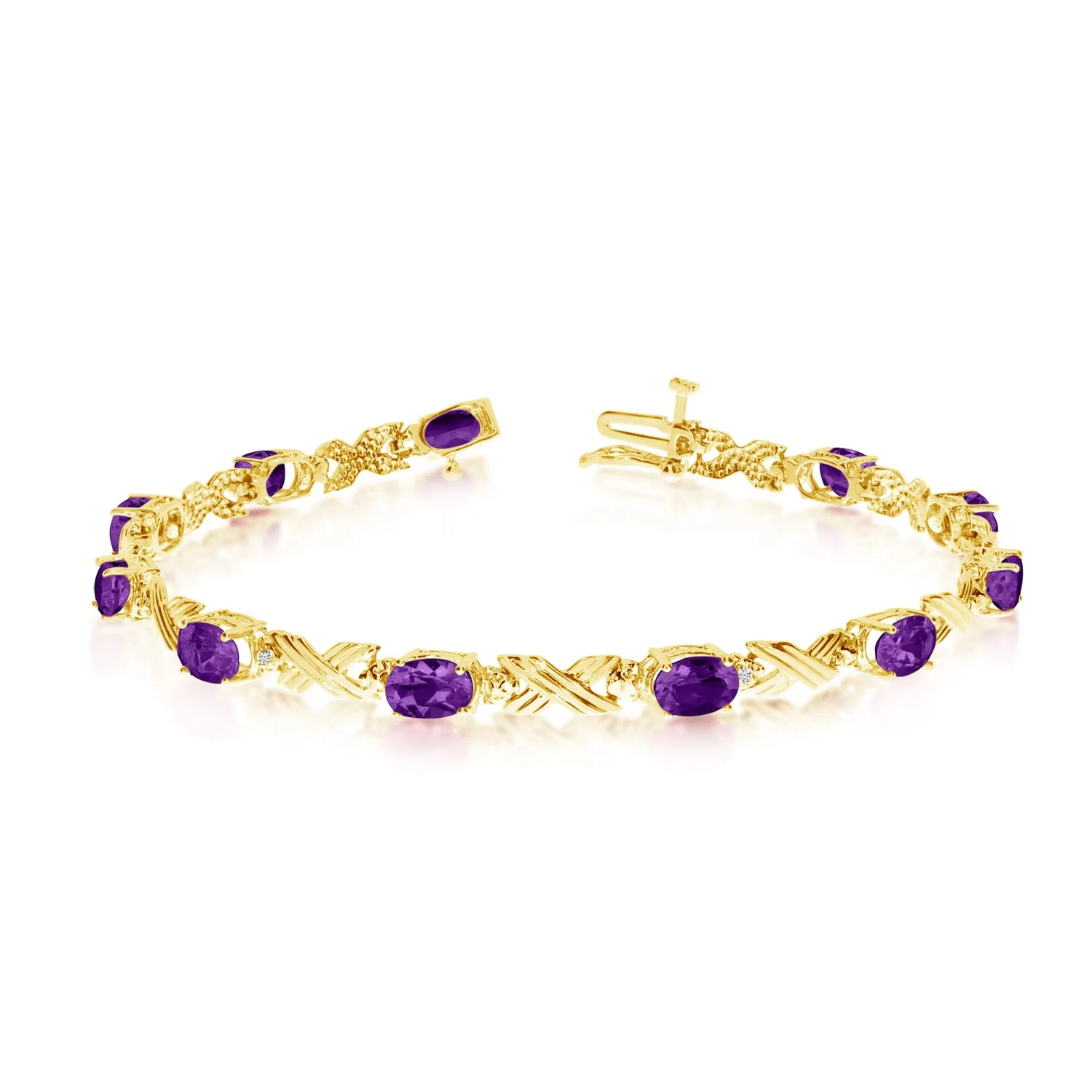 14K Yellow Gold Oval Amethyst Stones And Diamonds Tennis Bracelet, 7"