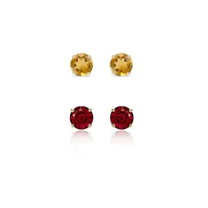 14k Yellow Gold Plated 1Ct Created Citrine and Garnet 2 Pair Round Stud Earrings