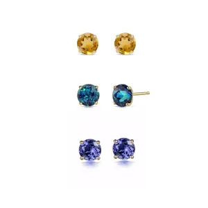 14k Yellow Gold Plated 2Ct Created Citrine, Alexandrite and Tanzanite 3 Pair Round Stud Earrings