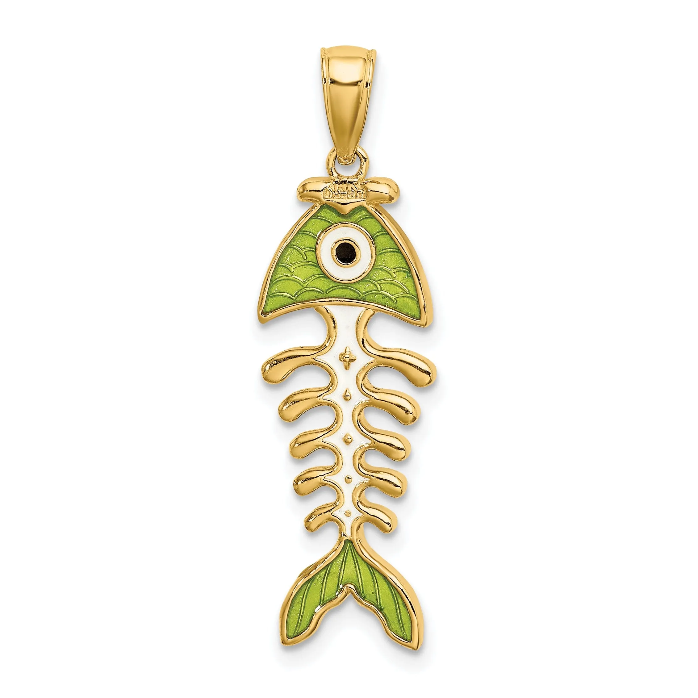 14k Yellow Gold Polished Finish 3-D with Green Enamel Fish Bone Design Charm