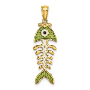 14k Yellow Gold Polished Finish 3-D with Green Enamel Fish Bone Design Charm