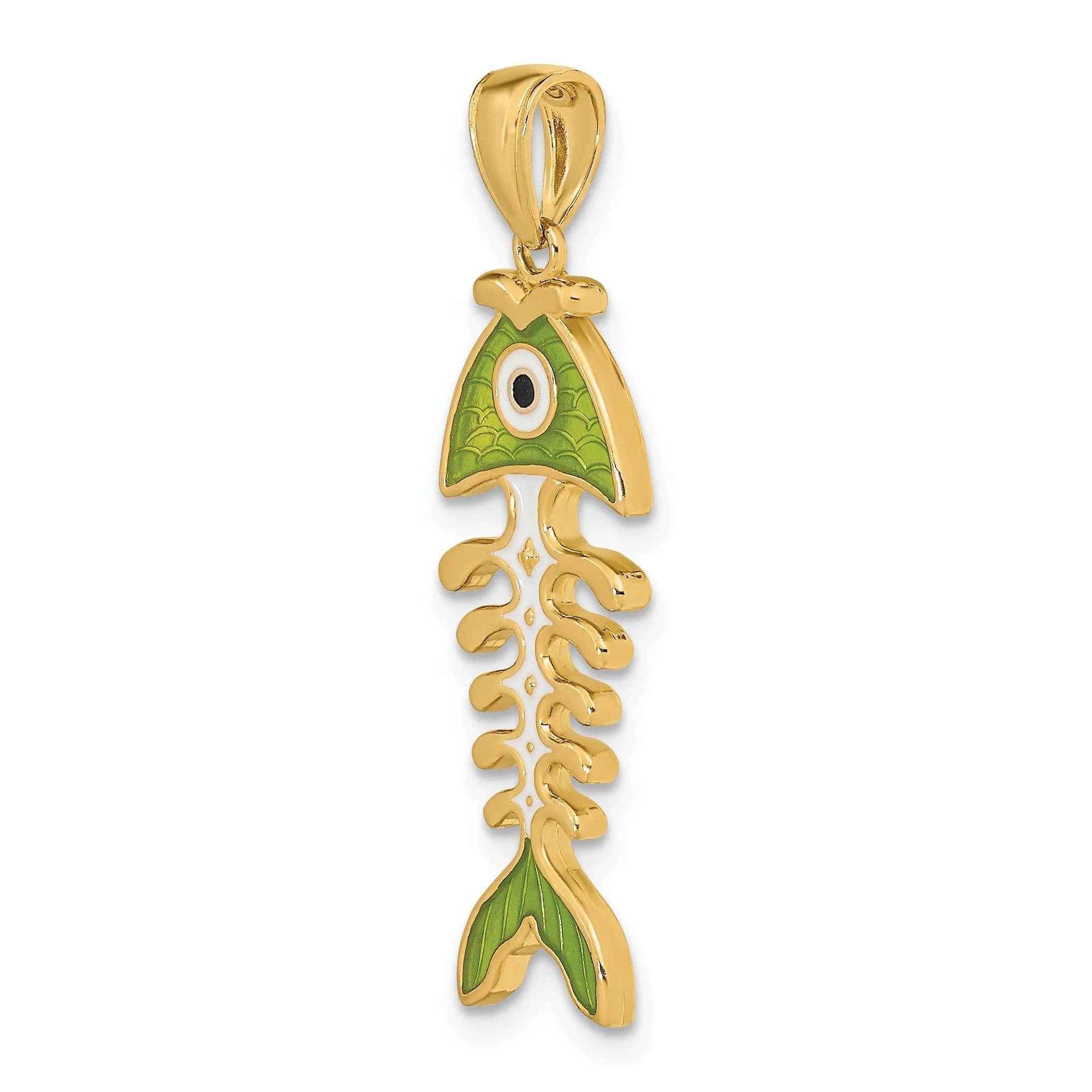 14k Yellow Gold Polished Finish 3-D with Green Enamel Fish Bone Design Charm