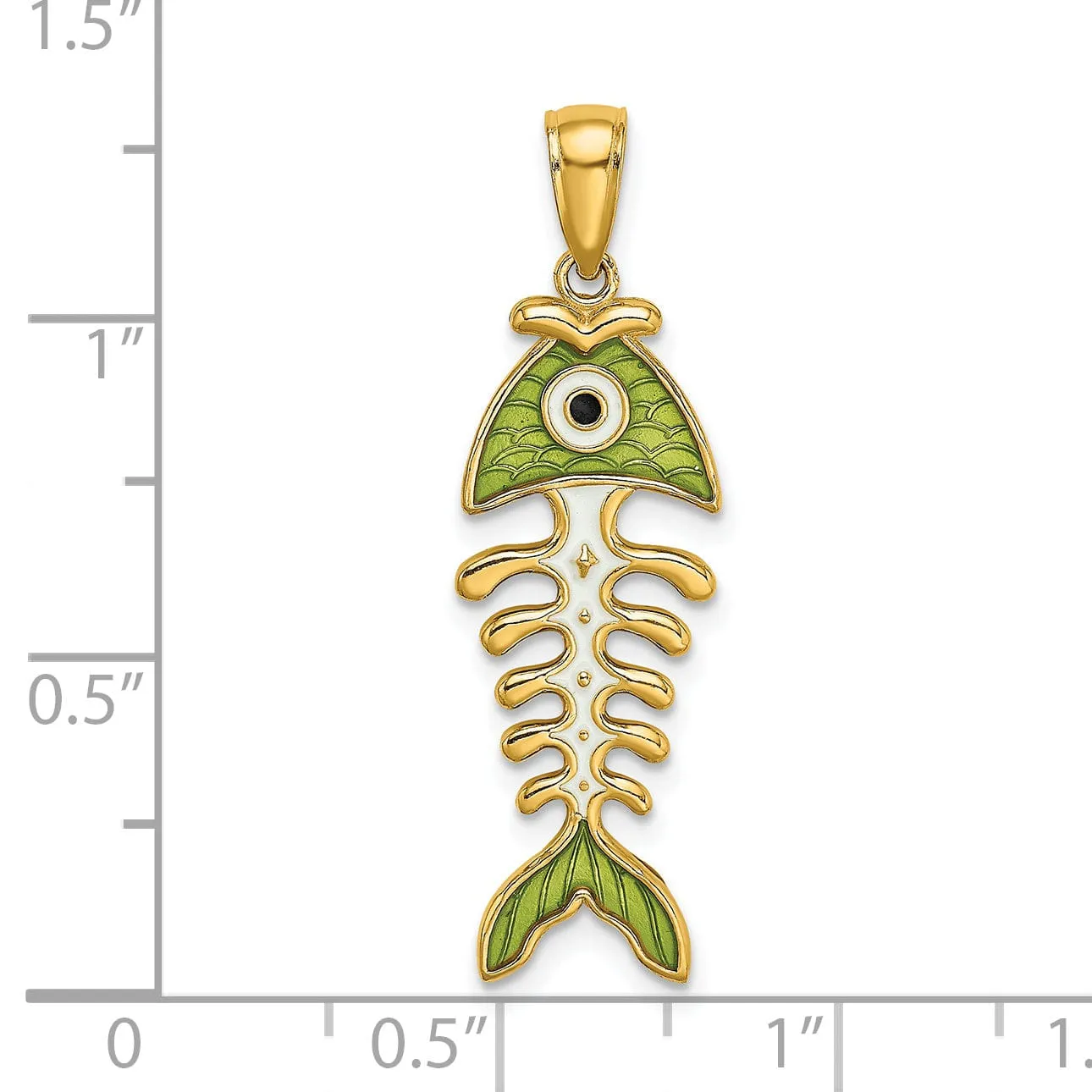 14k Yellow Gold Polished Finish 3-D with Green Enamel Fish Bone Design Charm