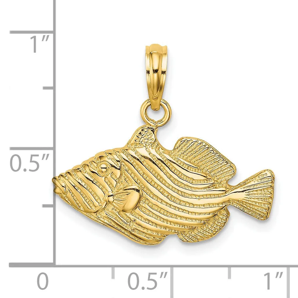 14K Yellow Gold Polished Textured Finish Stripped Fish Design Charm Pendant